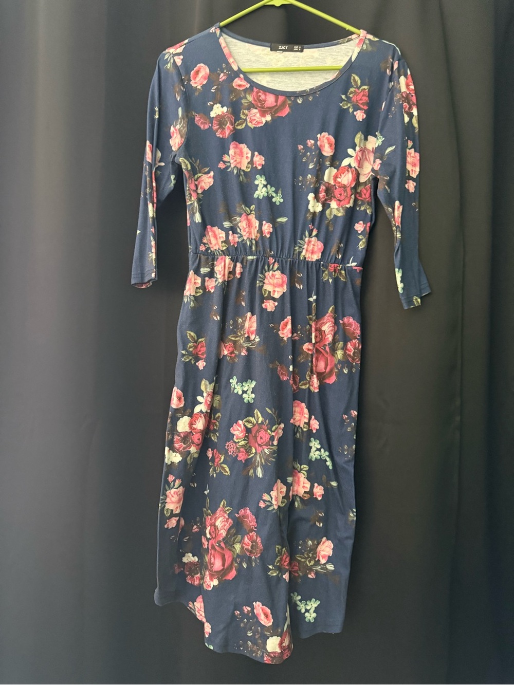 Floral Navy Midi Dress with Pink Roses - Women